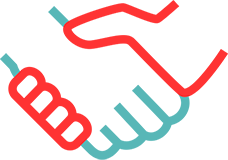 Red and teal icon of two people shaking hands