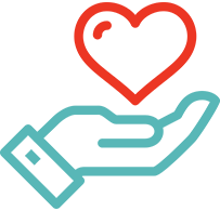 Red and teal icon of a hand holding a heart