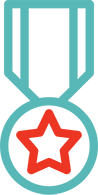 Red and teal icon of a medal