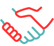 Red and teal icon of two people shaking hands