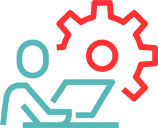 Red and teal icon of person at a desk with laptop and a cog wheel in the background