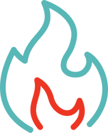 Red and teal icon of a fire