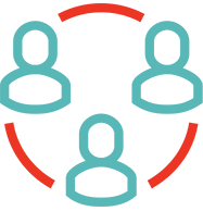 Red and teal icon of 3 people arranged in a circle with a red line connecting them