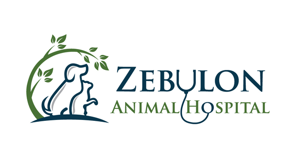 Zebulon Animal Hospital Logo - Navy blue and green serif text with illustration of cat and dog under a small tree