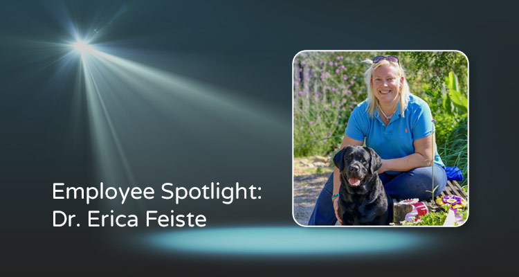 Spotlight illustration with sans-serif white type overlaying with photo of Dr. Erica Feiste and her dog