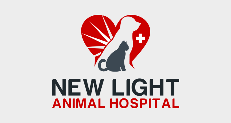 New Light Animal Hospital Logo - Red And Dark Blue Sans-serif Type With Illustration Of Dog, Cat, And Heart Above