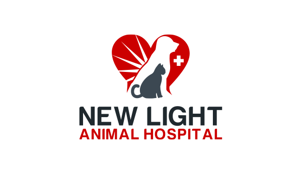 New Light Animal Hospital Logo - Red and dark blue sans-serif type with illustration of dog, cat, and heart above